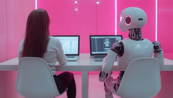Woman working beside bot